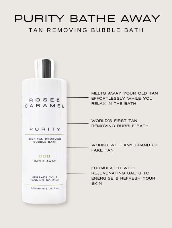 self tan removing bubble bath, self tan remover, tan remover, fake tan eraser, sensitive tan remover, purity tan remover