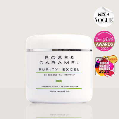 purity excel 60 second tan remover 440ml, fake tan remover, fake tan eraser, self tan eraser, rose and caramel tan remover, purity remover, tan remover 60 seconds, body exfoliator, 60 second tan remover