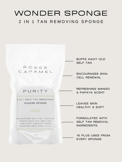 self tan removing soap sponge, wonder sponge, fake tan eraser, purity tan remover, body exfoliator